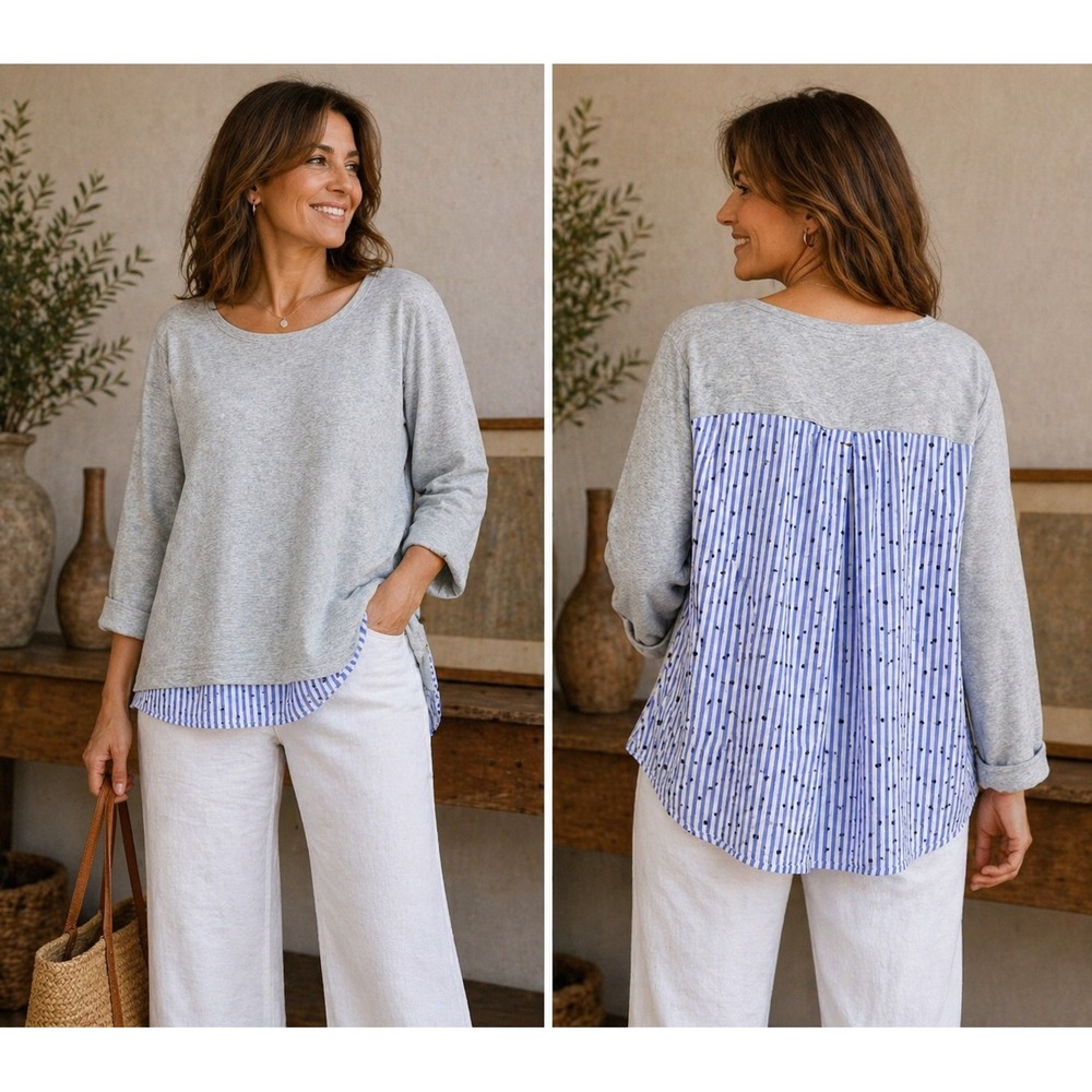 Talbots Women Blose Plus Gray Mixed Media Top Blue Stripe Polka Dot Back 3X